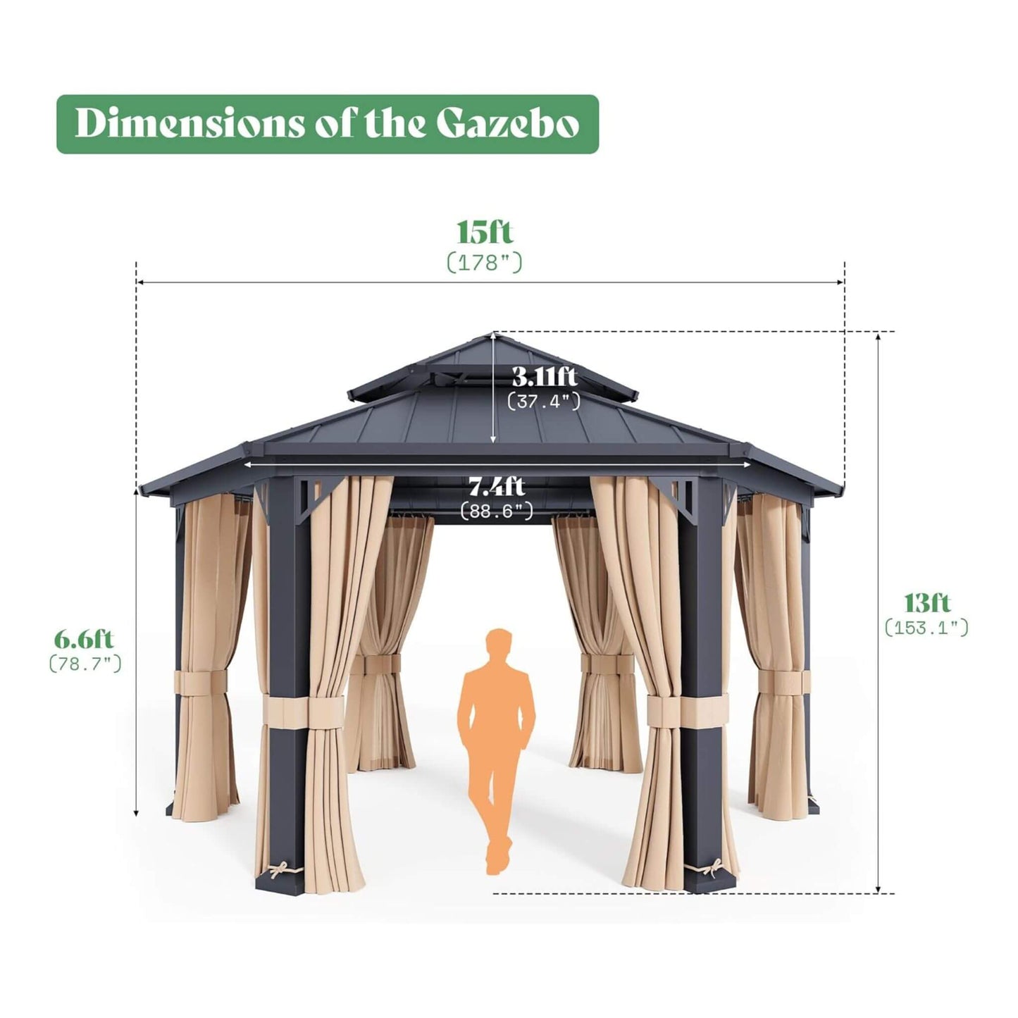 Double-Tier Hexagonal Metal Patio Gazebo with Curtains