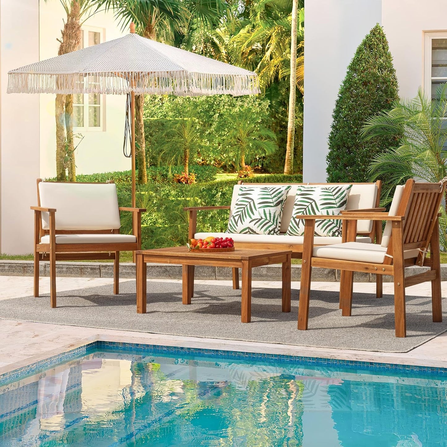 Elegant Acacia Wood 4-Piece Patio Conversation Set with Cushions
