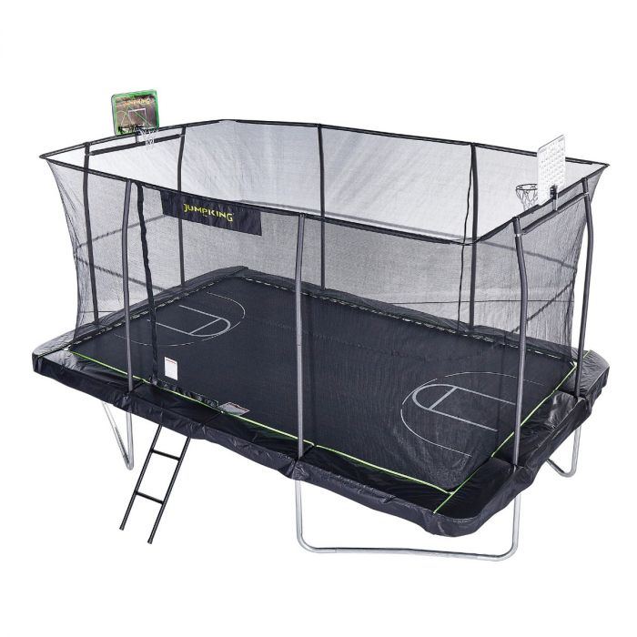 Jumpking 10'x15' Rectangle Trampoline with 2 Powder Coated Basketball Hoops with Breakaway Rims, Enclosure Net, and Ladder