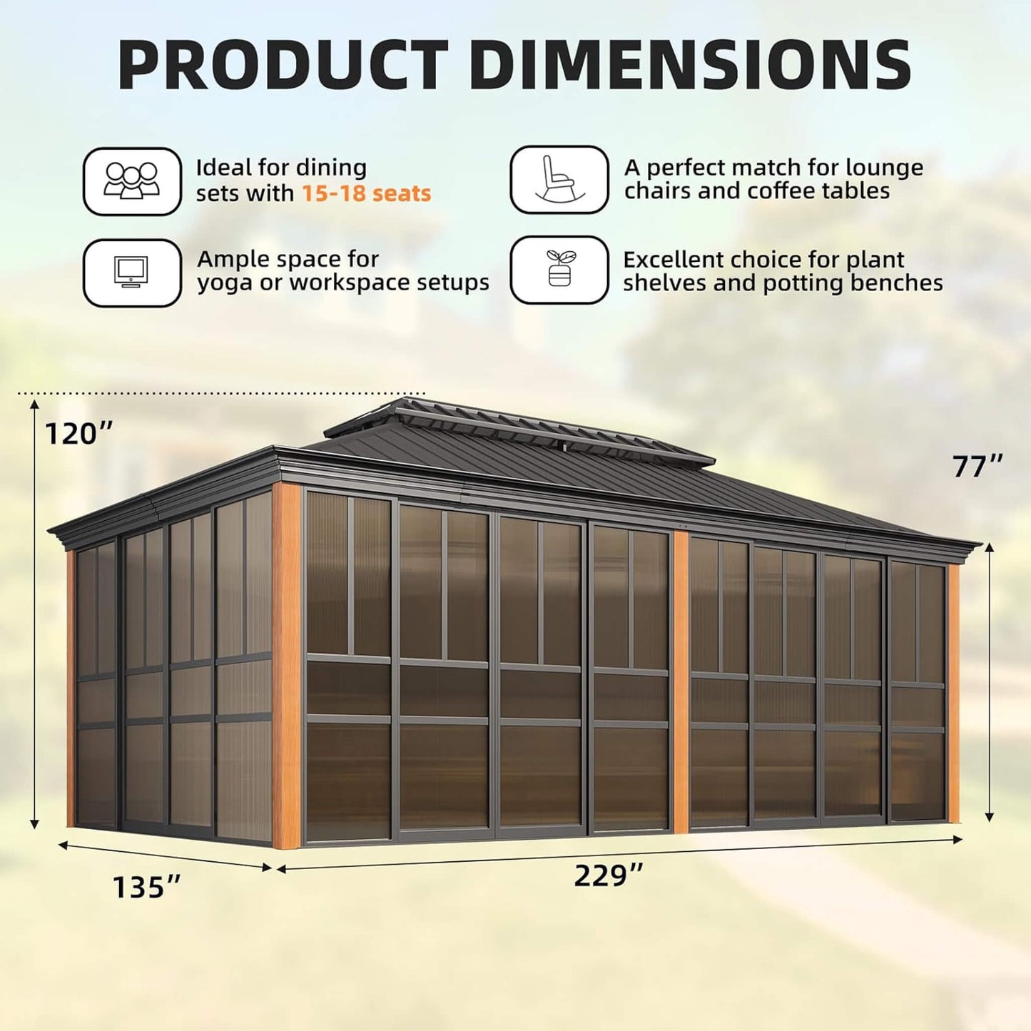 Solstice All-Season Outdoor Wood Grain Sunroom with Sliding Doors