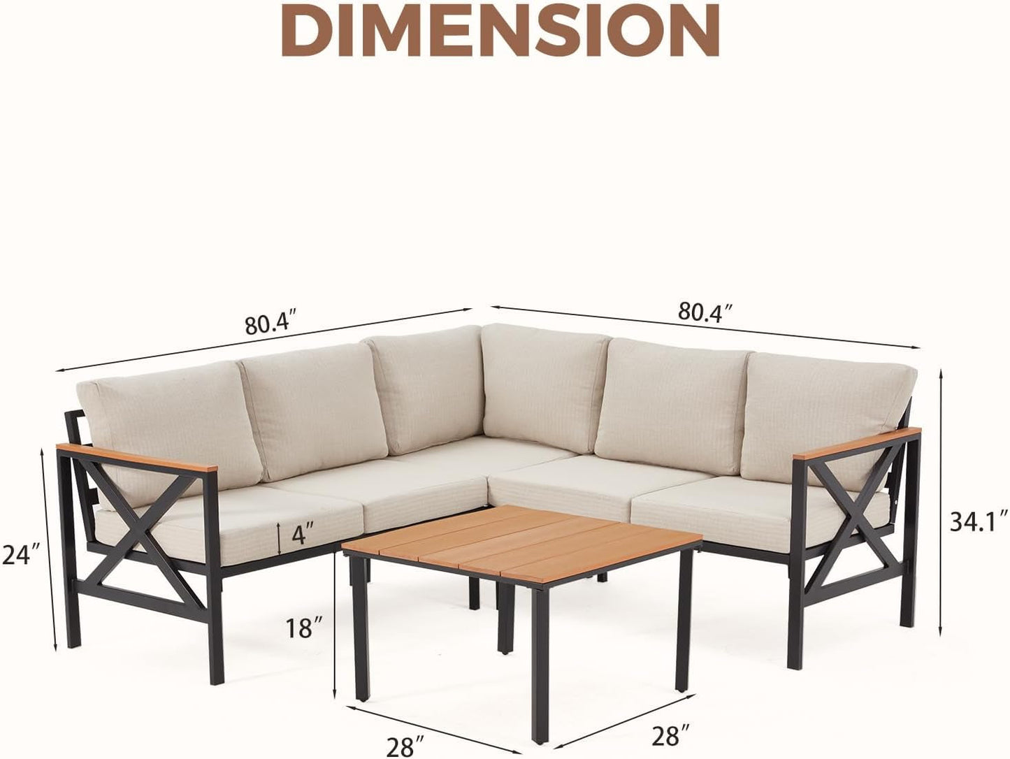 L Shape Metal Patio Furniture Set with Cushions