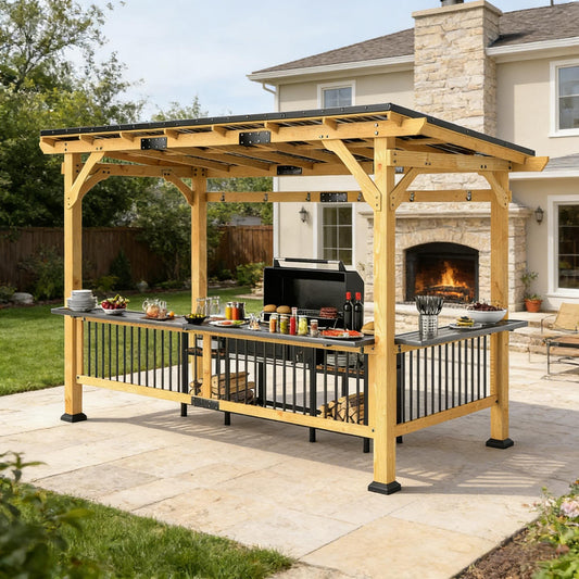 Premium Hardtop Wooden BBQ Grill Gazebo 13' x 6'