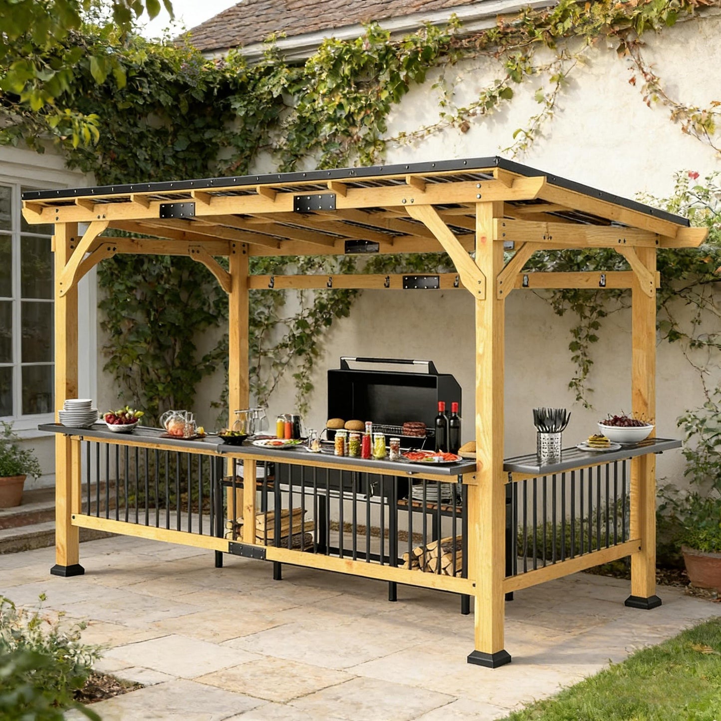 Premium Hardtop Wooden BBQ Grill Gazebo 13' x 6'