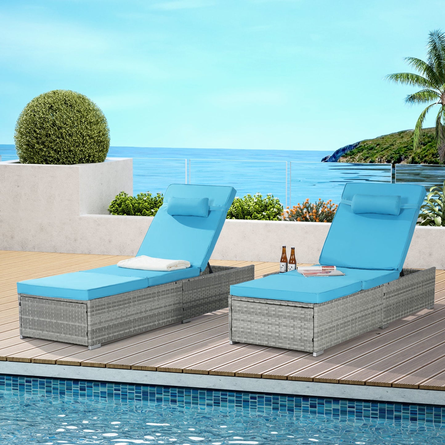 Premium Outdoor PE Rattan Adjustable Chaise Lounge Set with Table
