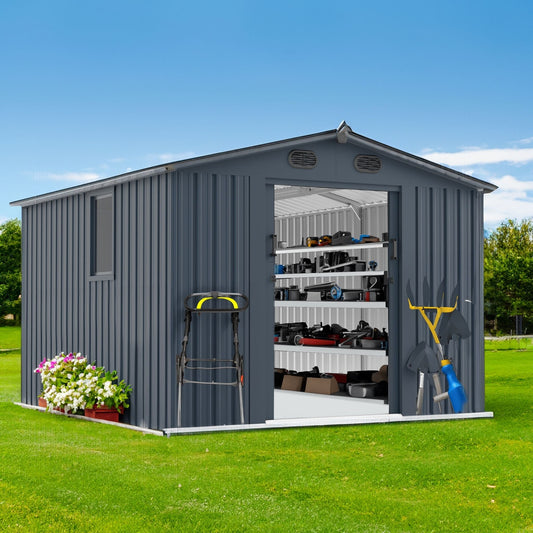 Large Outdoor Metal Garden Storage Shed with Window & Lockable Doors