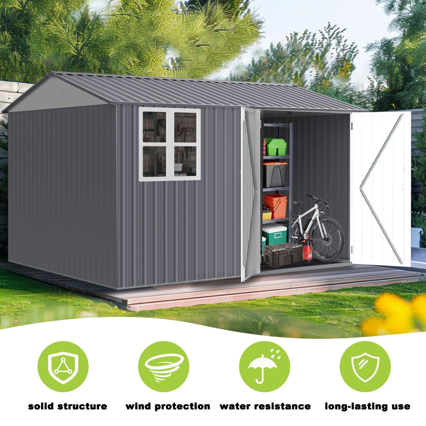 Galvanized Steel Outdoor Garden Tool Shed with Sloped Roof and Double Lockable Doors