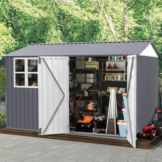 Galvanized Steel Outdoor Garden Tool Shed with Sloped Roof and Double Lockable Doors