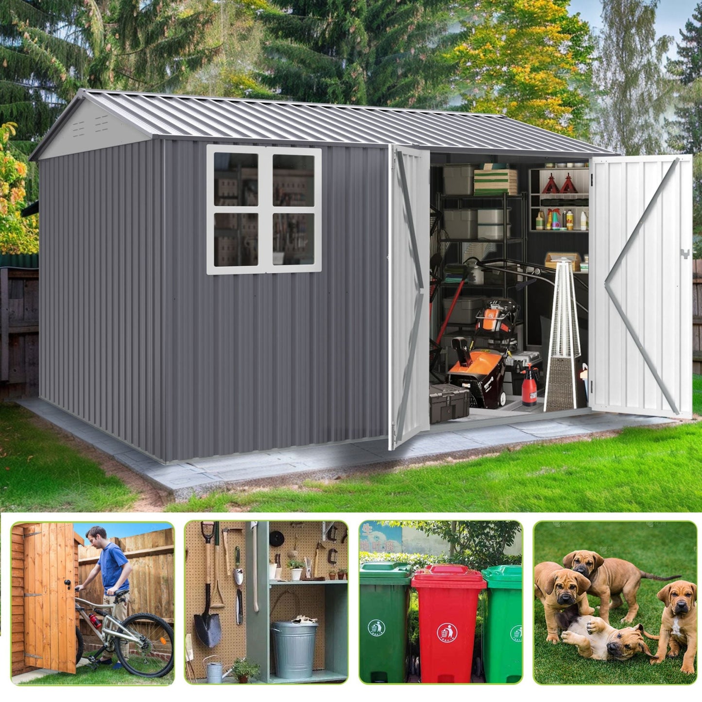 Galvanized Steel Outdoor Garden Tool Shed with Sloped Roof and Double Lockable Doors