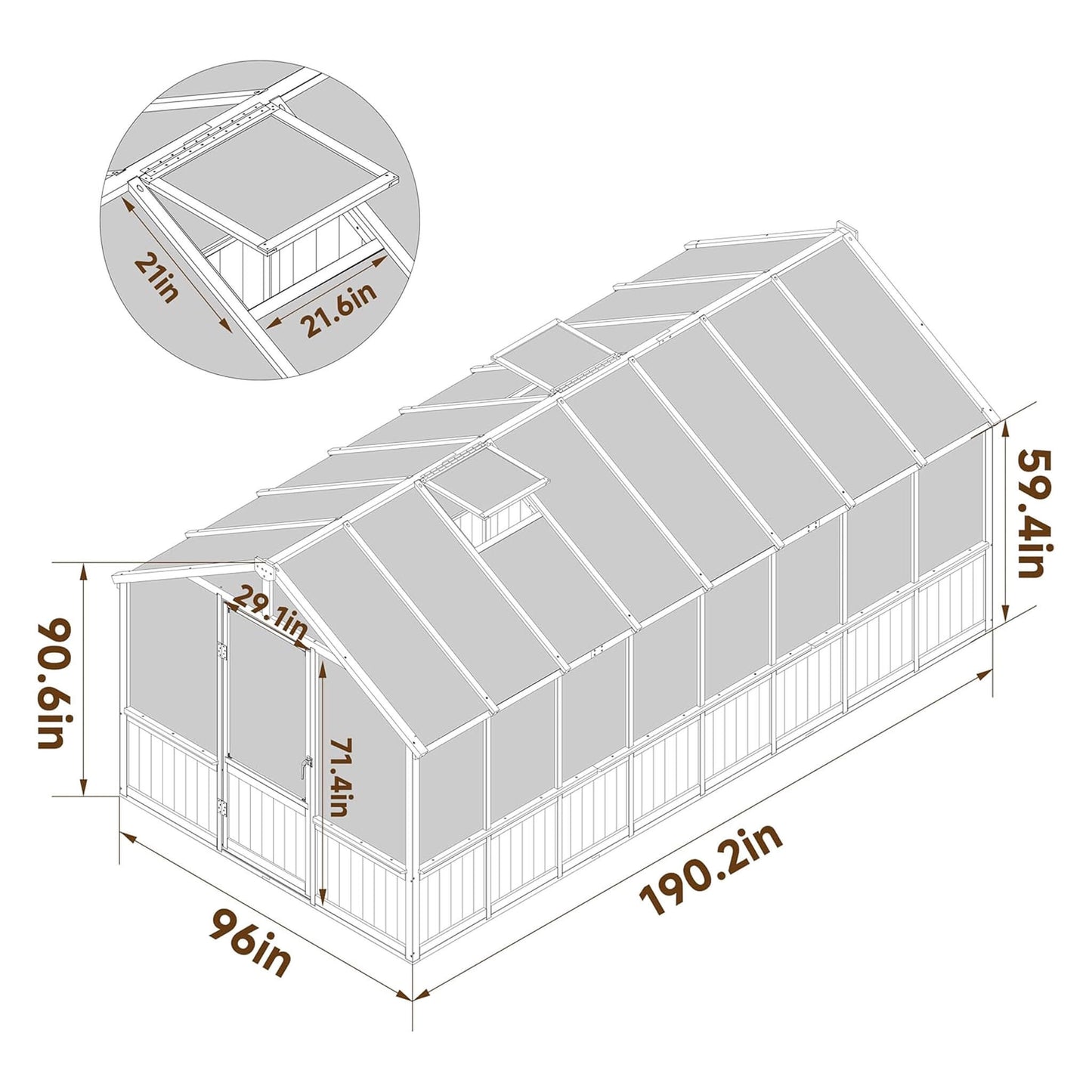 Heavy-Duty 8x16 FT Wooden Greenhouse with 6MM Polycarbonate Panels