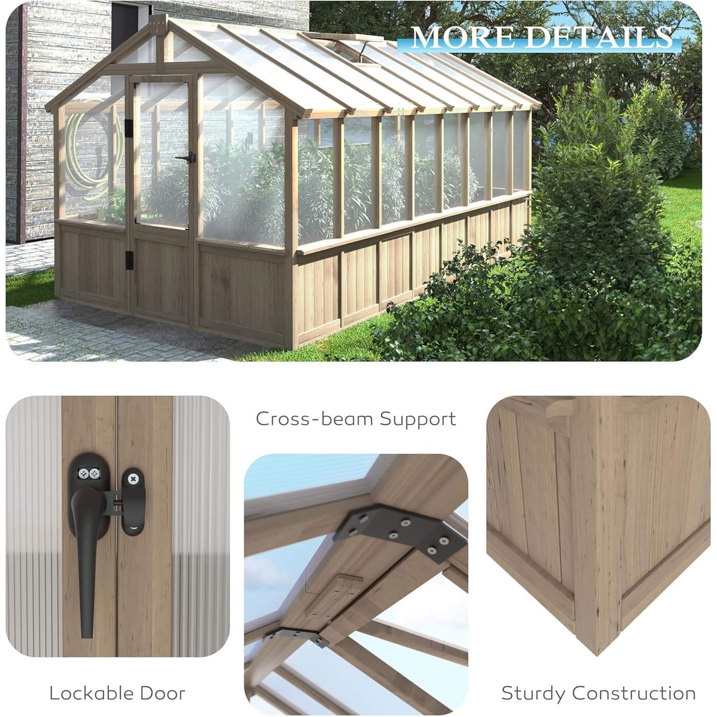 Heavy-Duty 8x16 FT Wooden Greenhouse with 6MM Polycarbonate Panels