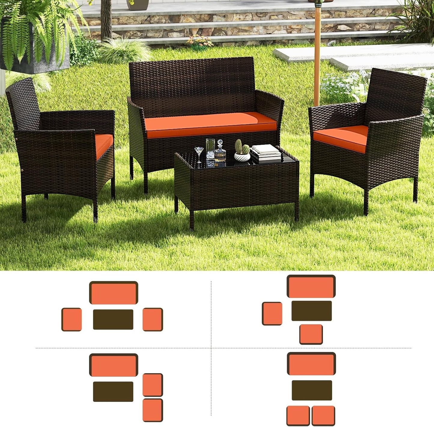 Elegant Rattan Patio Furniture Set with Cushions and Table