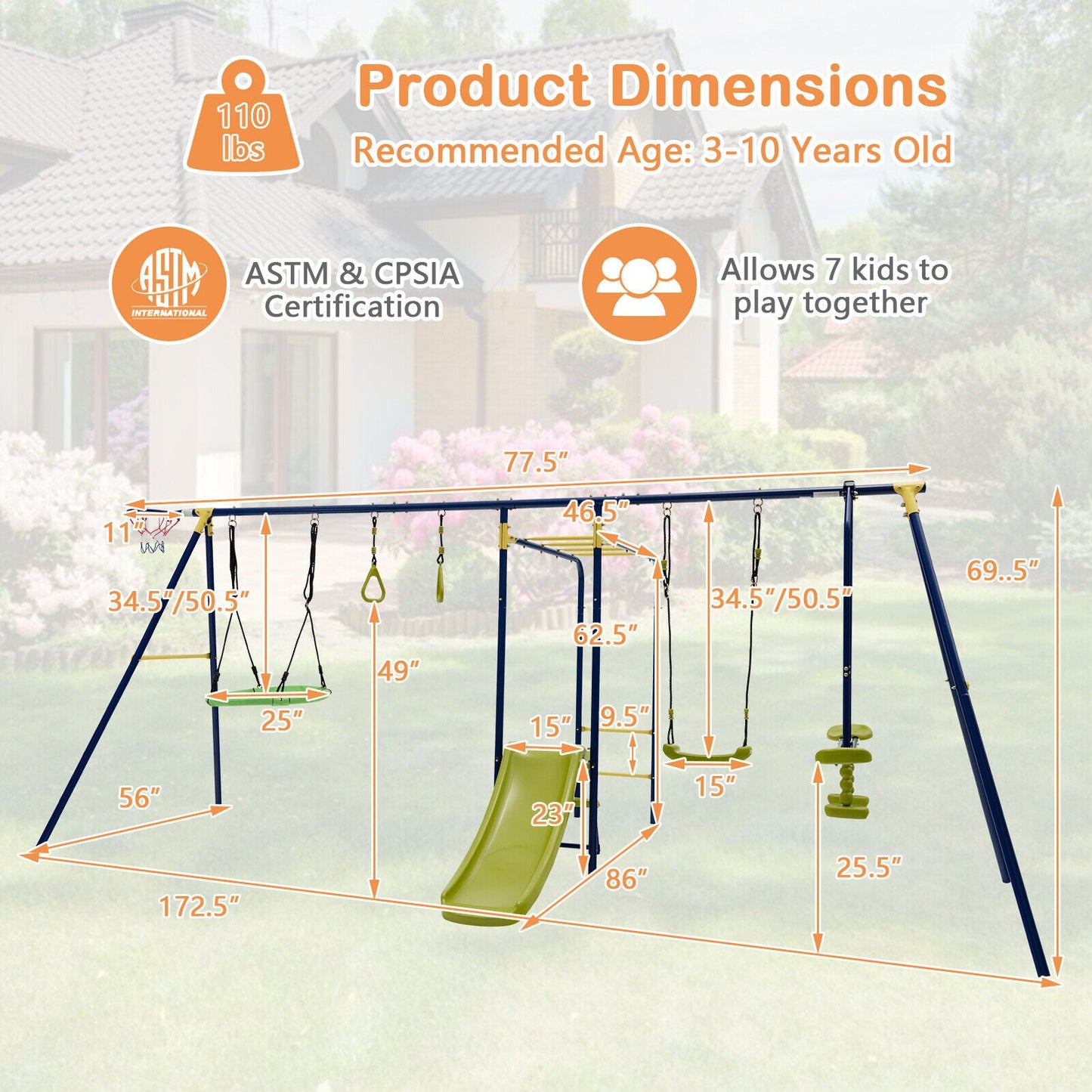 Gbruno 7-in-1 A-Shaped Outdoor Swing Set for Kids
