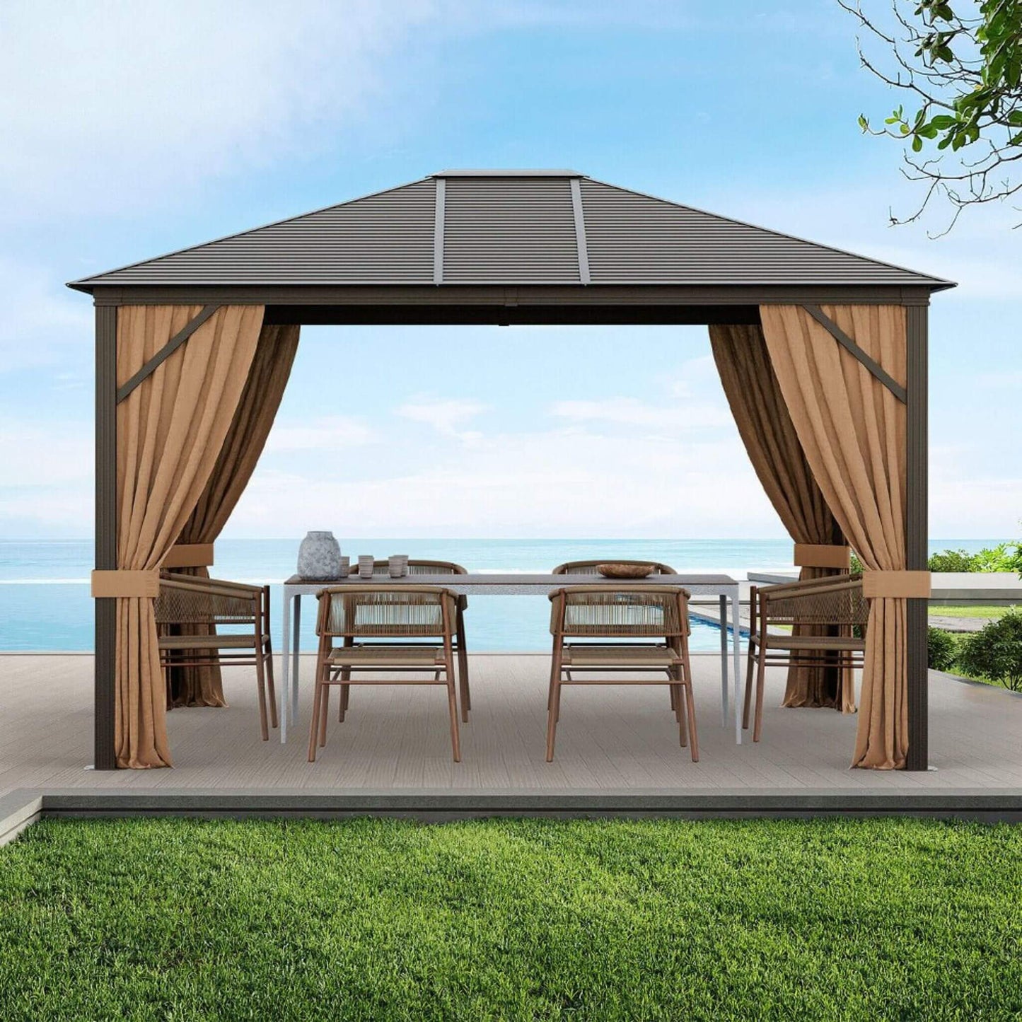 Alora Premium Outdoor Hardtop Patio Gazebo W/ Galvanized Steel Top & Aluminum Frame (SAK74065)