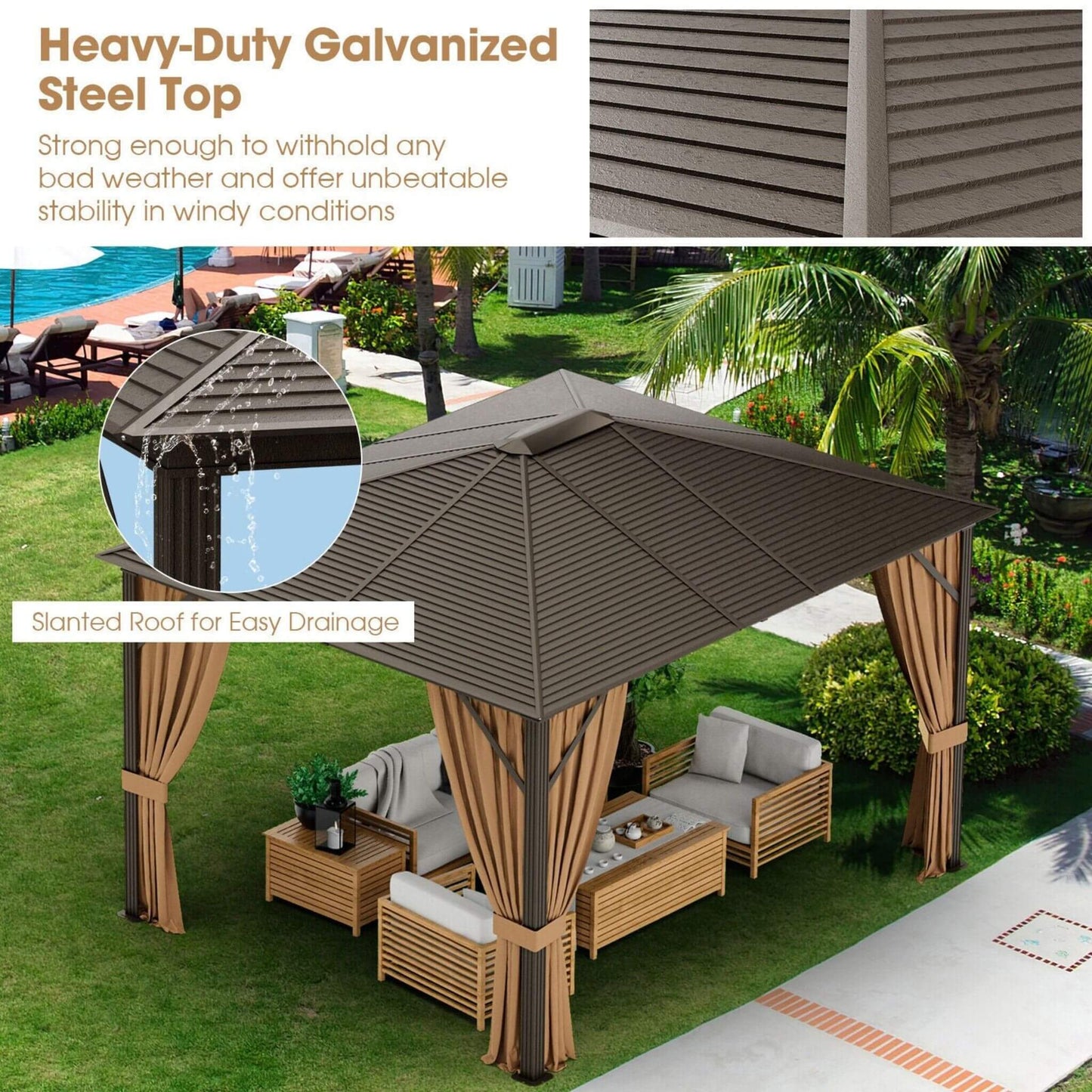Alora Premium Outdoor Hardtop Patio Gazebo W/ Galvanized Steel Top & Aluminum Frame (SAK74065)