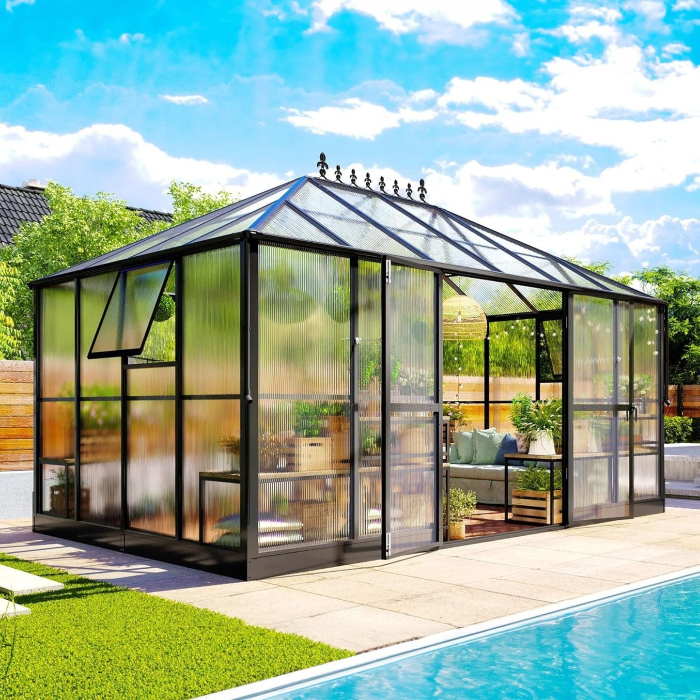 Premium 10x14FT Polycarbonate Greenhouse with Aluminum Frame and Double Doors