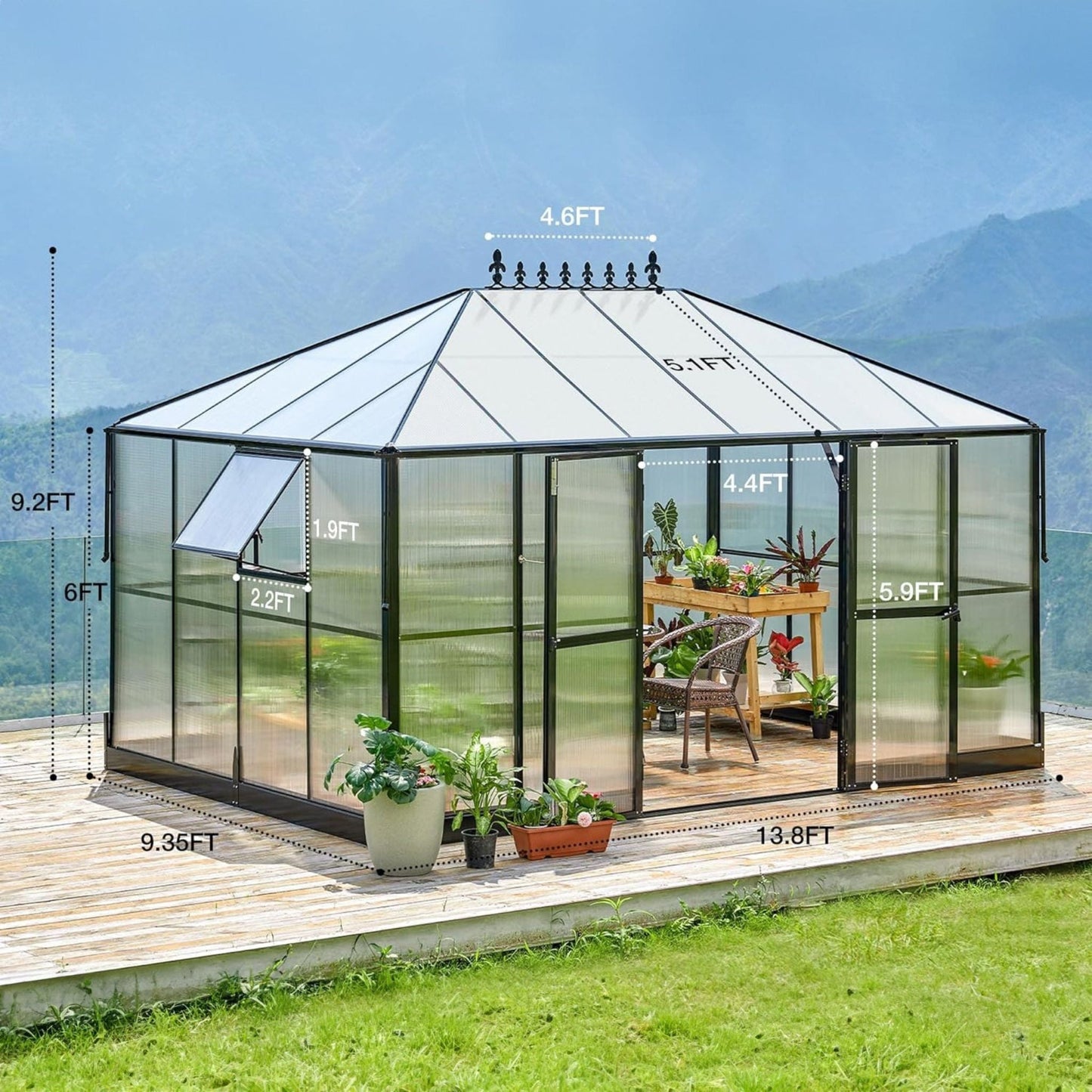 Premium 10x14FT Polycarbonate Greenhouse with Aluminum Frame and Double Doors