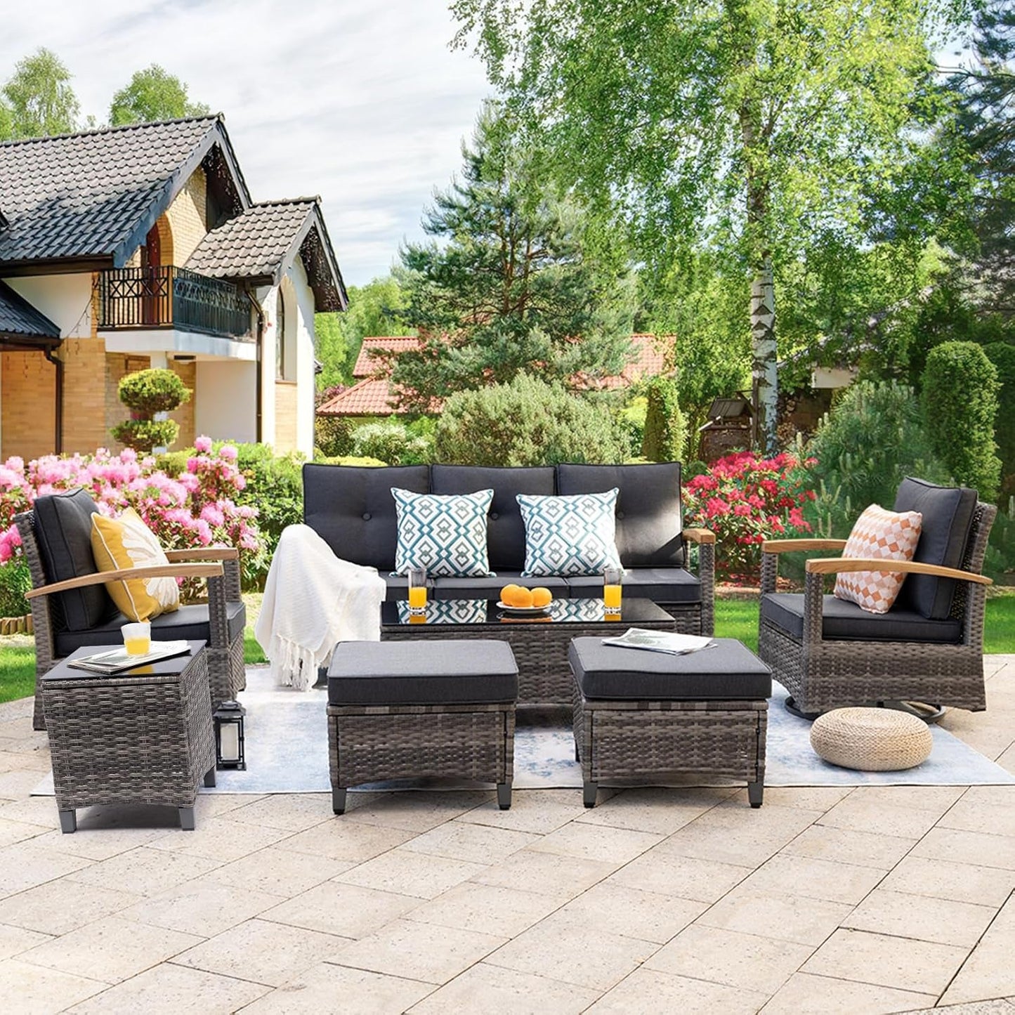 Stylish 7-Piece Outdoor Rattan Patio Set with Swivel Rockers