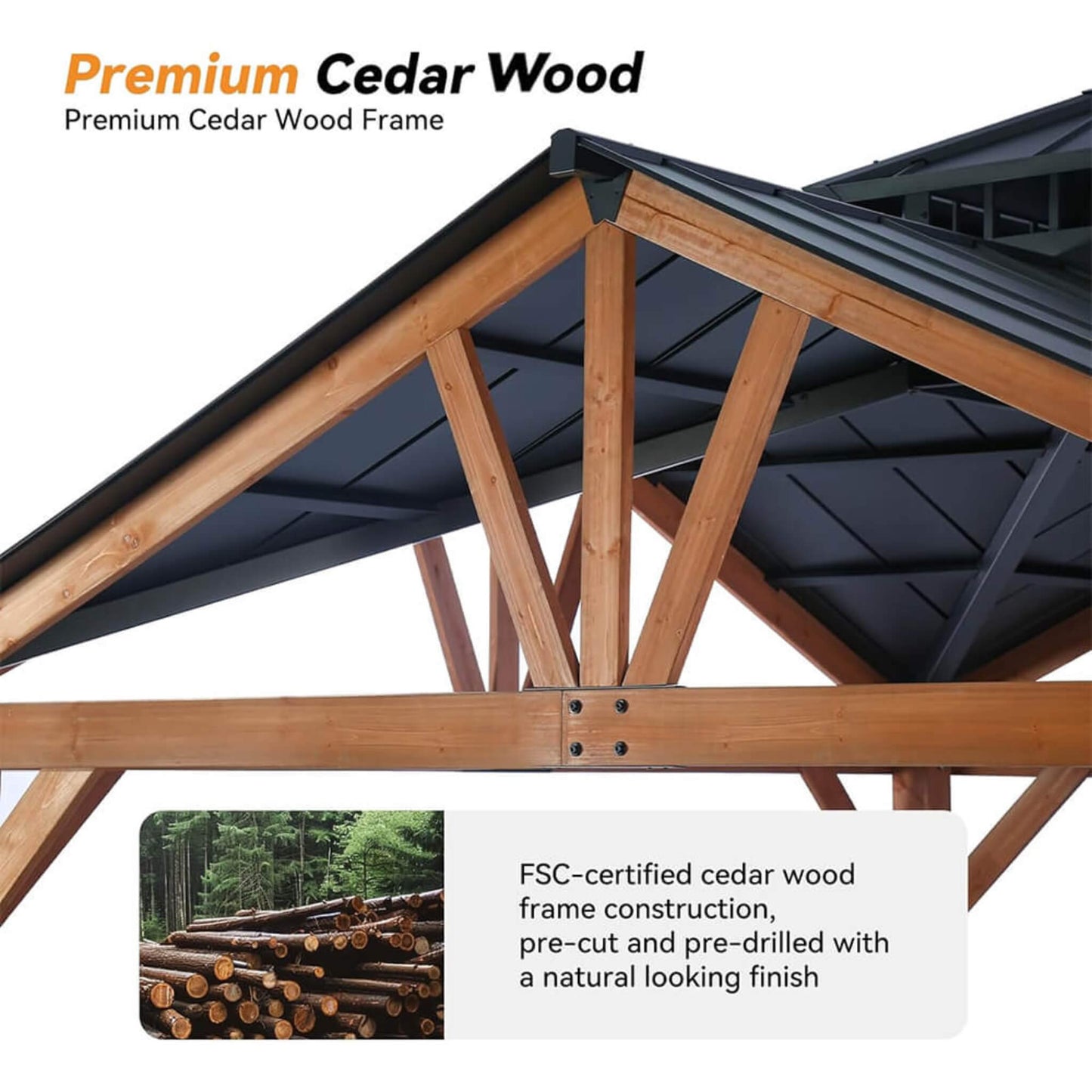 Alora Premium Outdoor Cedar Wood Hardtop Gazebo With Galvanized Steel Roof (SAK31864)
