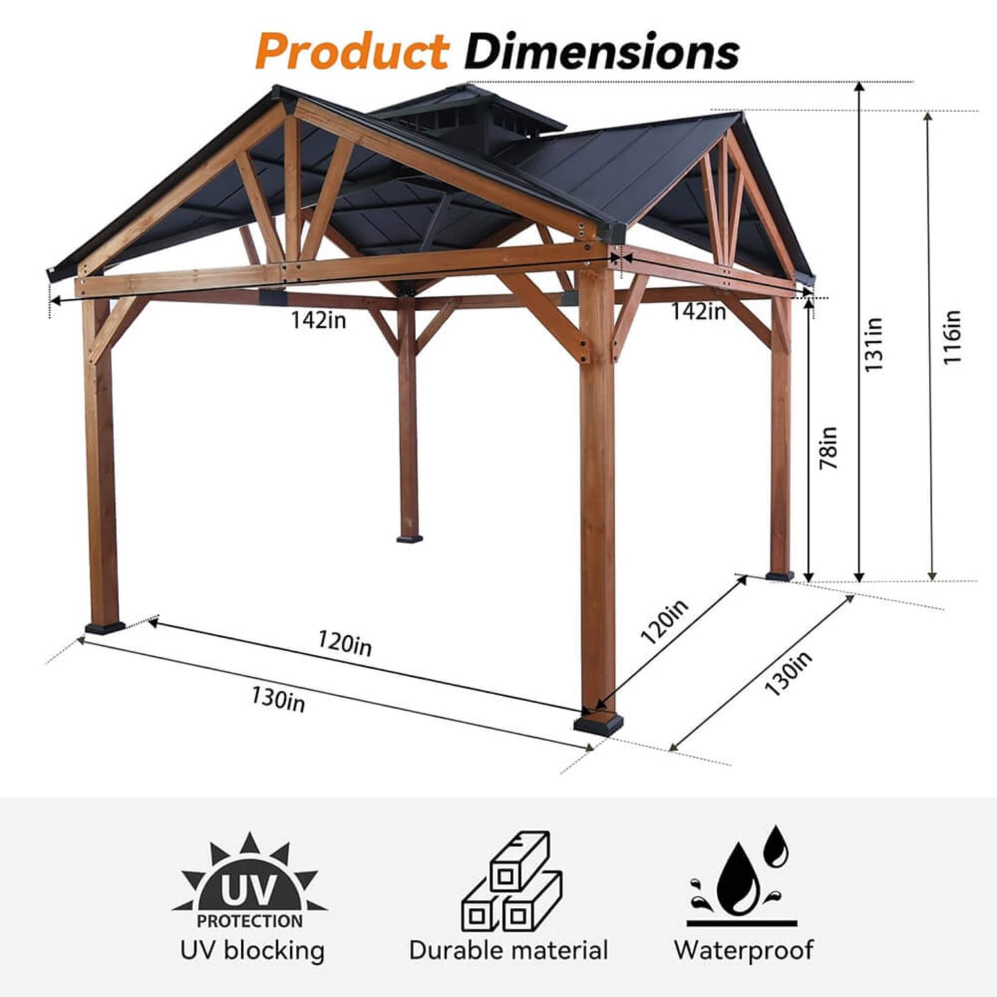 Alora Premium Outdoor Cedar Wood Hardtop Gazebo With Galvanized Steel Roof (SAK31864)