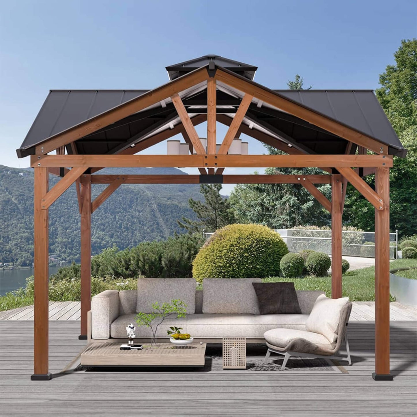 Alora Premium Outdoor Cedar Wood Hardtop Gazebo With Galvanized Steel Roof (SAK31864)