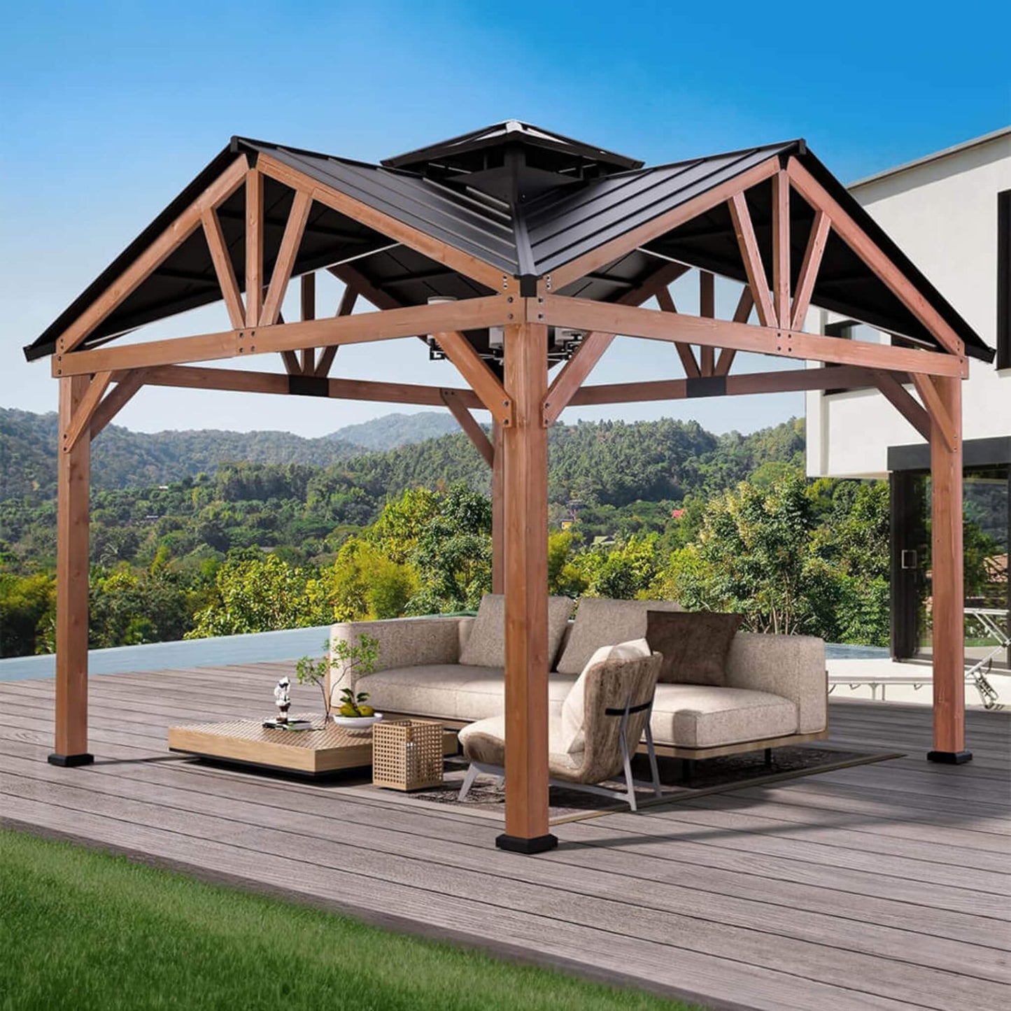 Alora Premium Outdoor Cedar Wood Hardtop Gazebo With Galvanized Steel Roof (SAK31864)