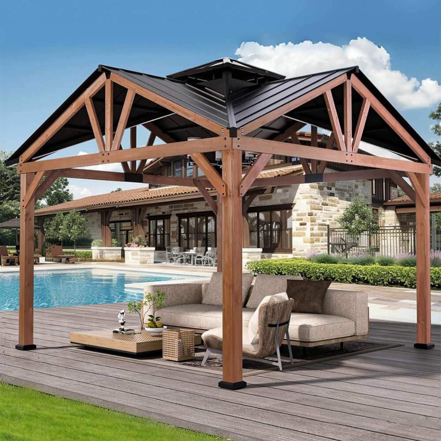 Alora Premium Outdoor Cedar Wood Hardtop Gazebo With Galvanized Steel Roof (SAK31864)