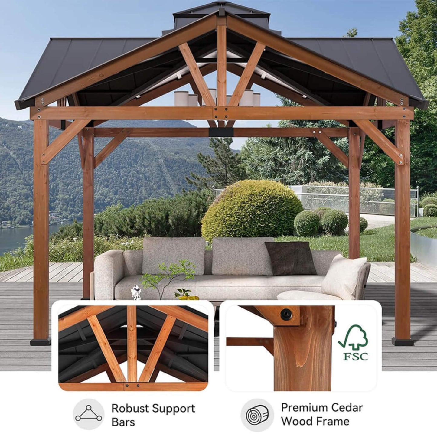 Alora Premium Outdoor Cedar Wood Hardtop Gazebo With Galvanized Steel Roof (SAK31864)
