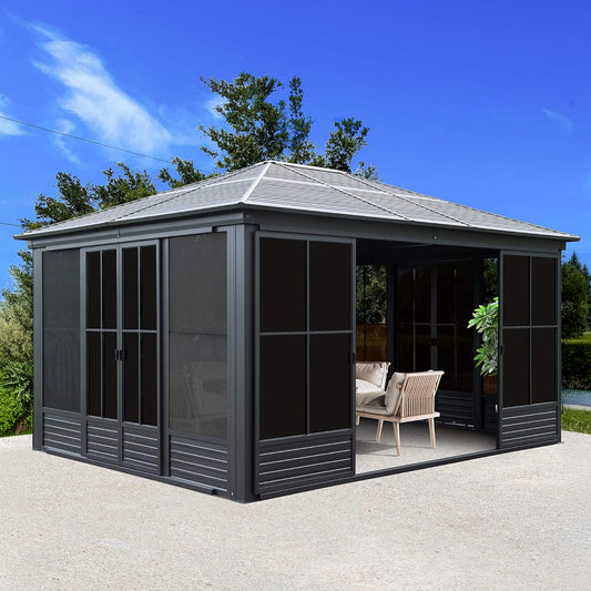 [12X14FT] Alora Serenity Premium All-Weather Outdoor Aluminum Sunroom With Galvanized Steel Hardtop Sloping Roof, Lockable Doors, And Moveable PC Screens (SAK76831)