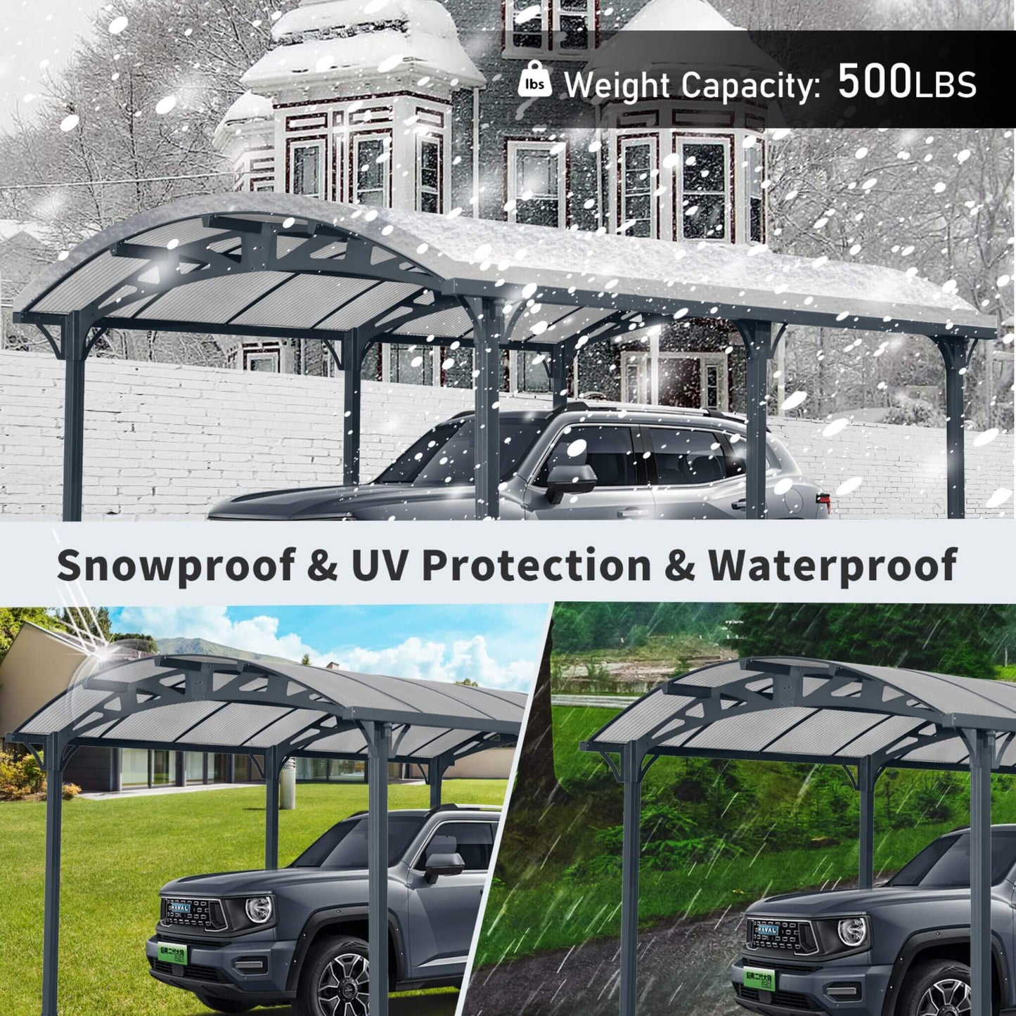 Large Arch Aluminum Carport with UV-Blocking Polycarbonate Panels