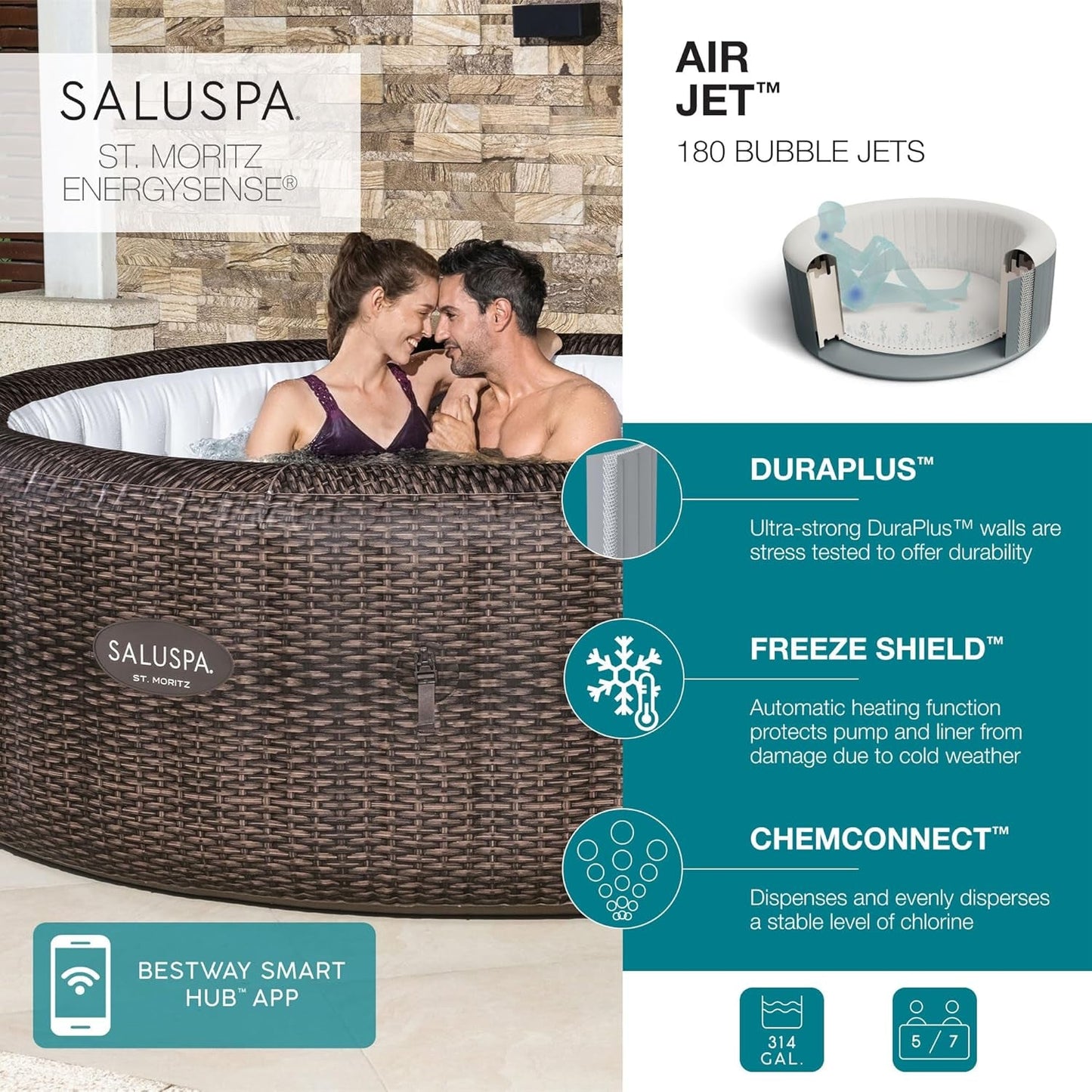 Spacious 7-Person Inflatable Hot Tub with 180 Jets