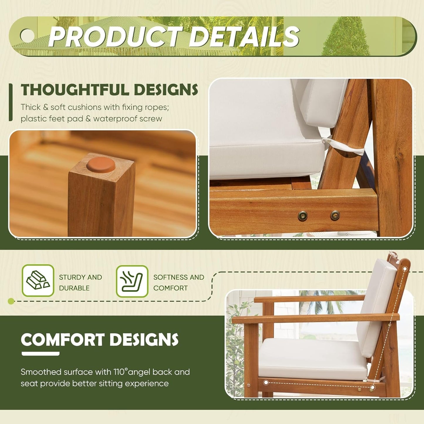 Elegant Acacia Wood 4-Piece Patio Conversation Set with Cushions
