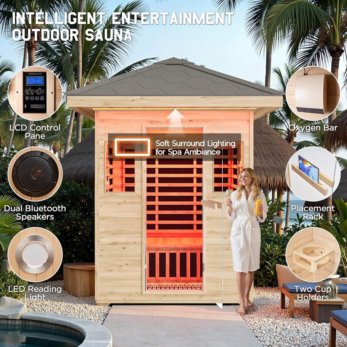 Thermora Zurich 3-Person Low EMF Spruce Wood Outdoor Infrared Sauna With Bluetooth Speakers And LED Lights (SAK59047)