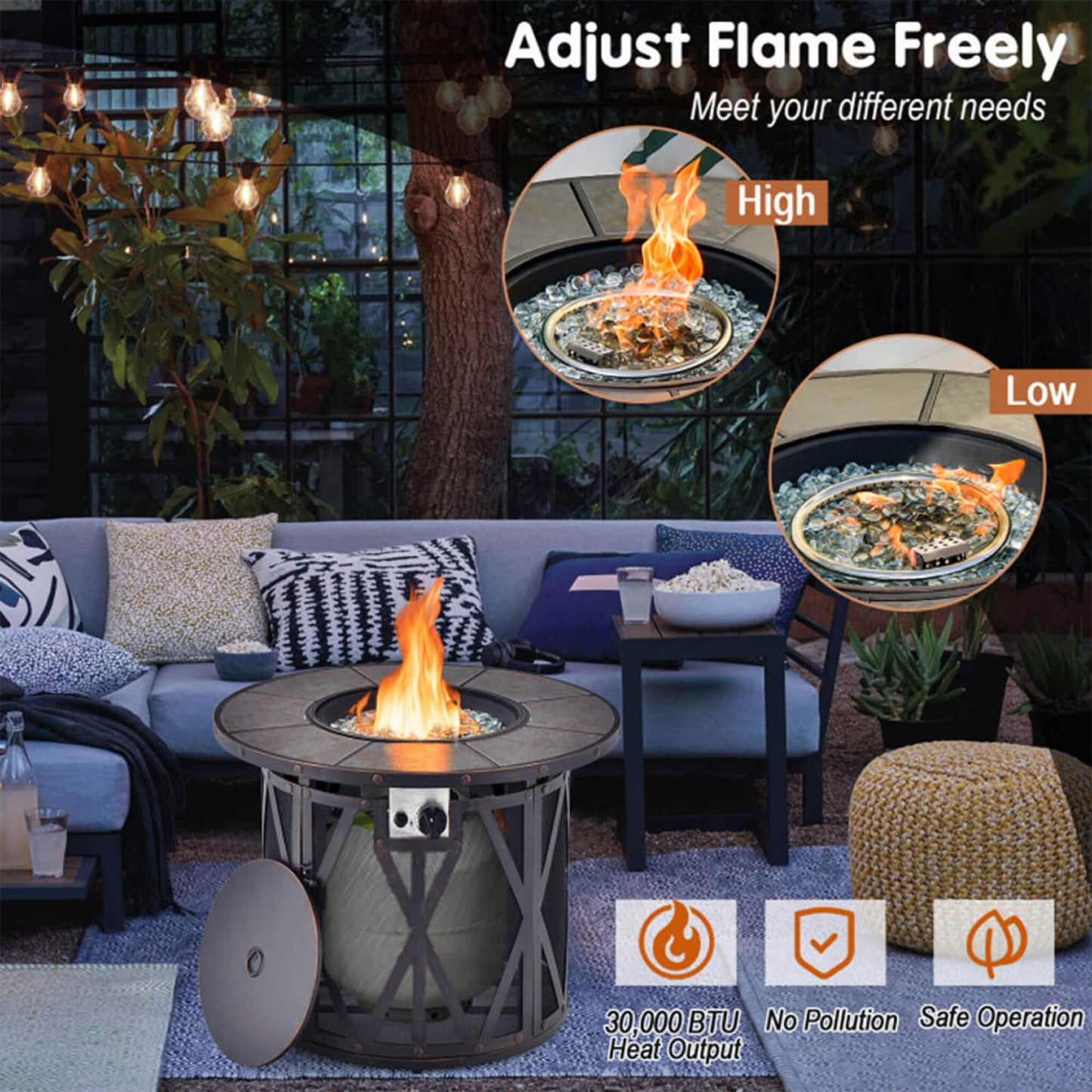 Alora 30K BTU Premium Outdoor Patio Gas Fire Pit Table With Fire Glass And Cover, 32" (SAK17432)
