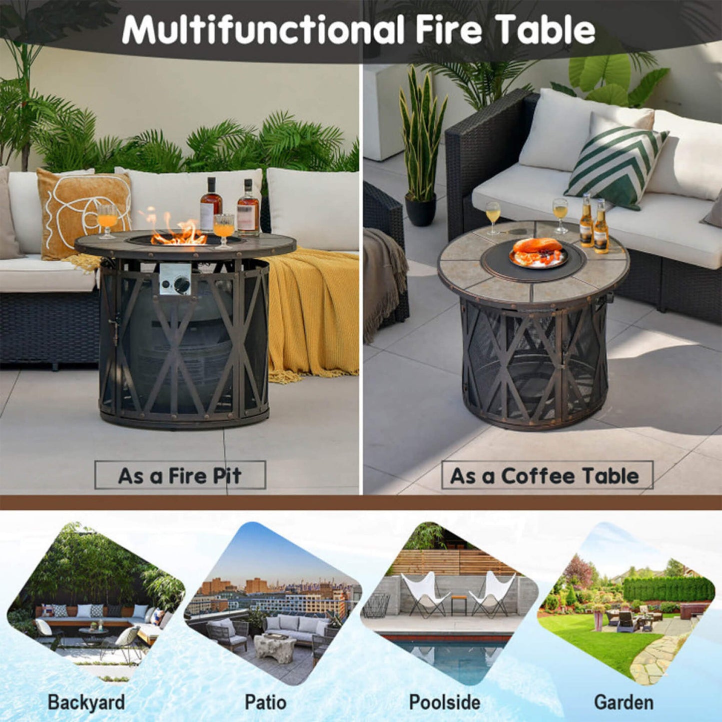 Alora 30K BTU Premium Outdoor Patio Gas Fire Pit Table With Fire Glass And Cover, 32" (SAK17432)