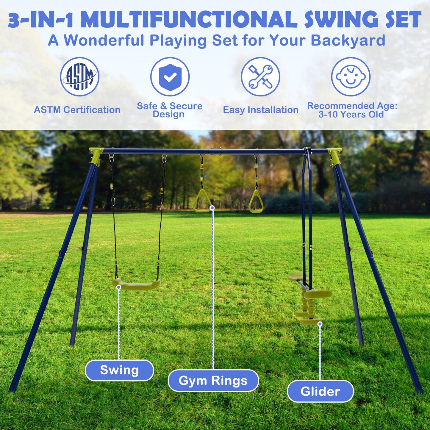 Gbruno 3-in-1 Outdoor Swing Set for Kids 3-10