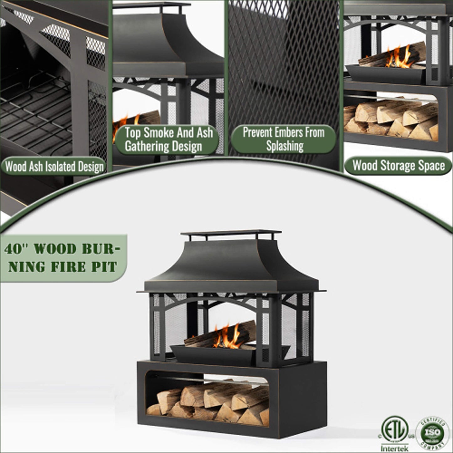 40-Inch Steel Wood-Burning Fire Pit with Grill and Spark Screen