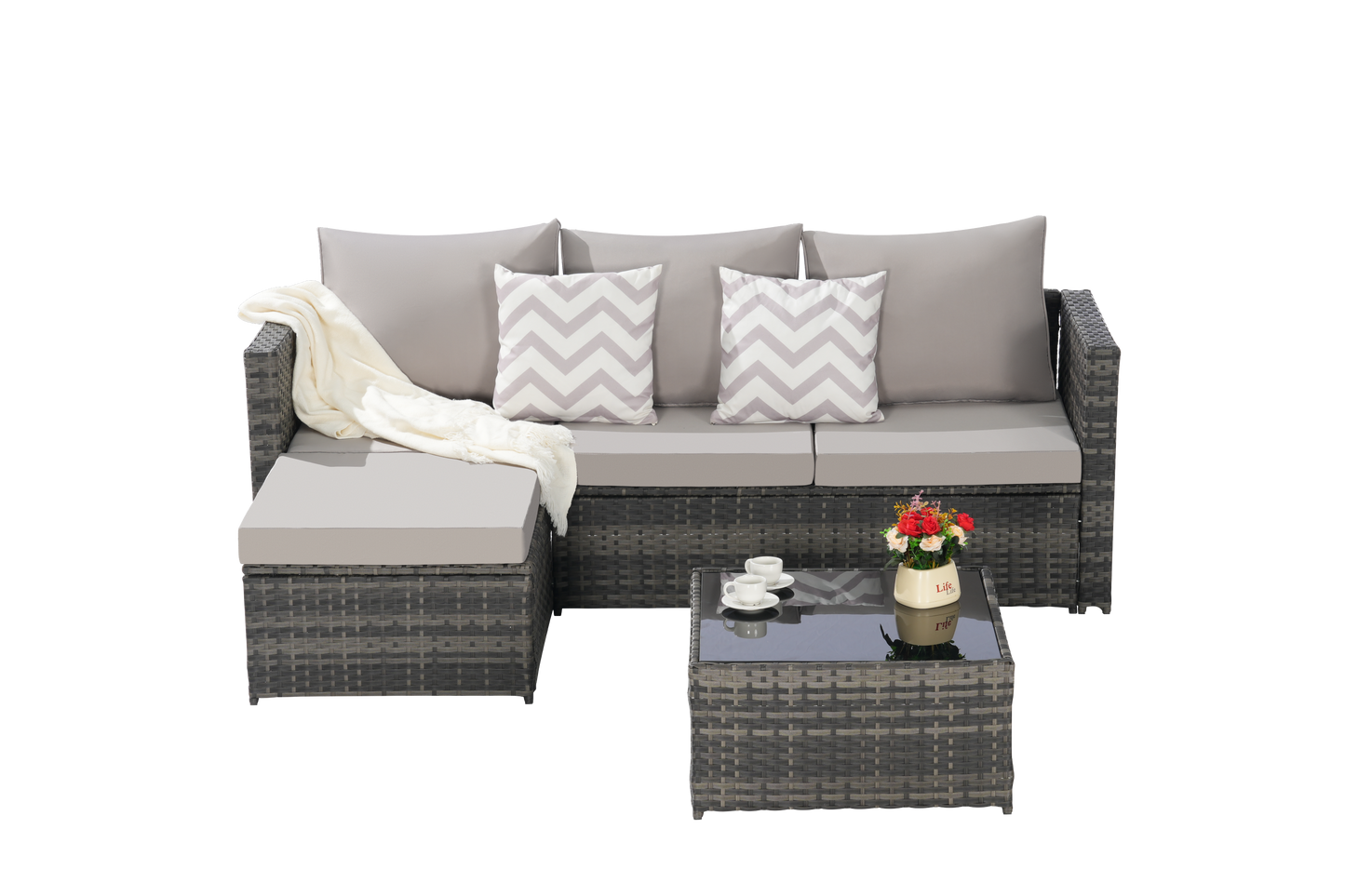 2 Piece Outdoor L-Shaped Wicker Patio Set – Sectional Sofa with