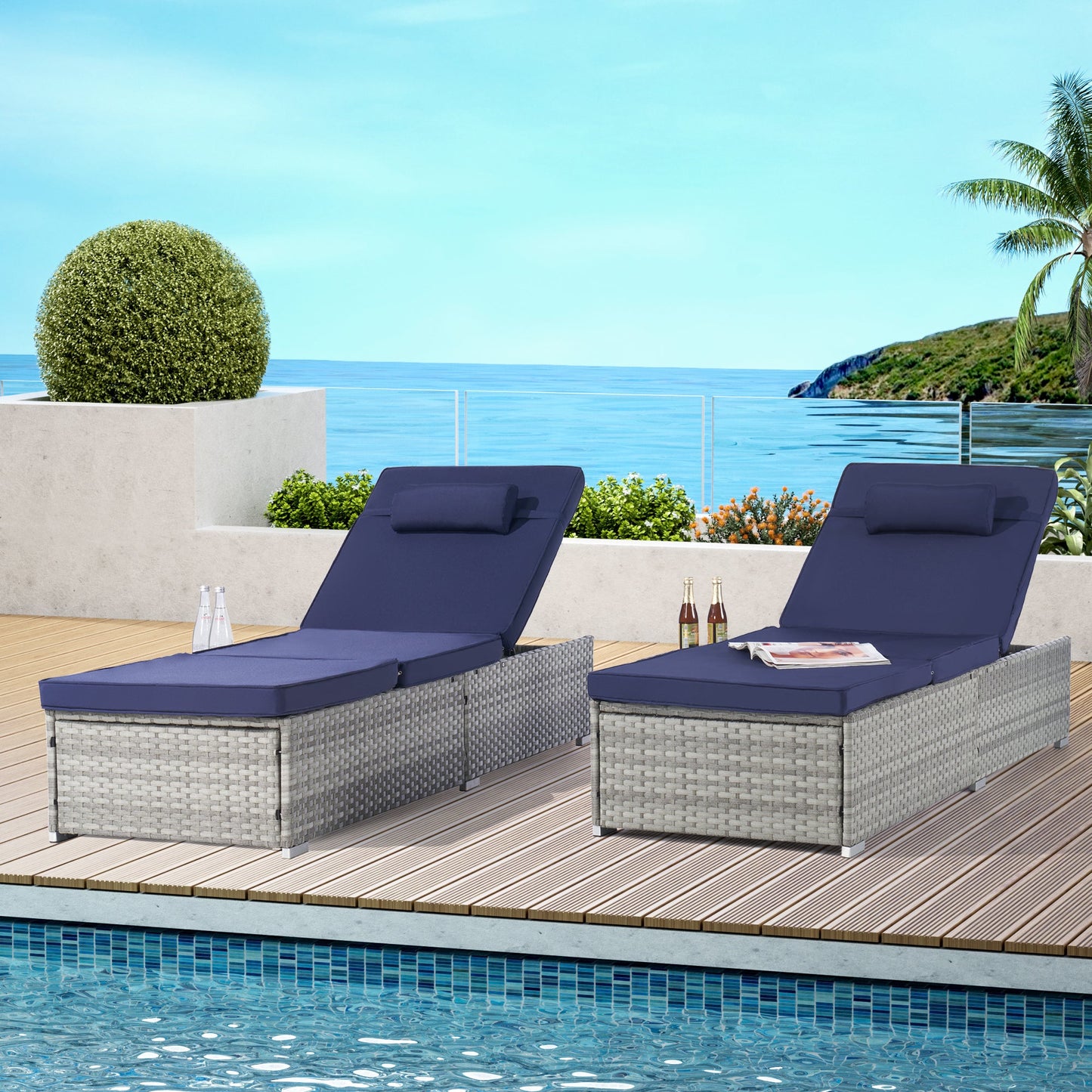 Premium Outdoor PE Rattan Adjustable Chaise Lounge Set with Table