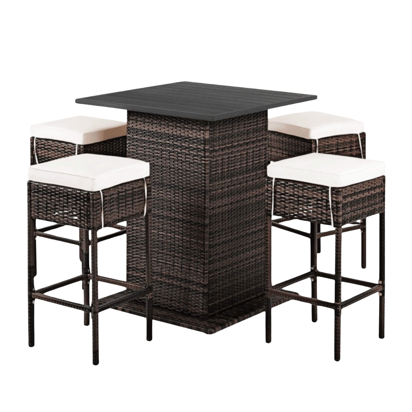 Alora 5-Piece Patio Rattan Bar Table Stool Set With Hidden Storage Shelf & Cushions (SAK14645)