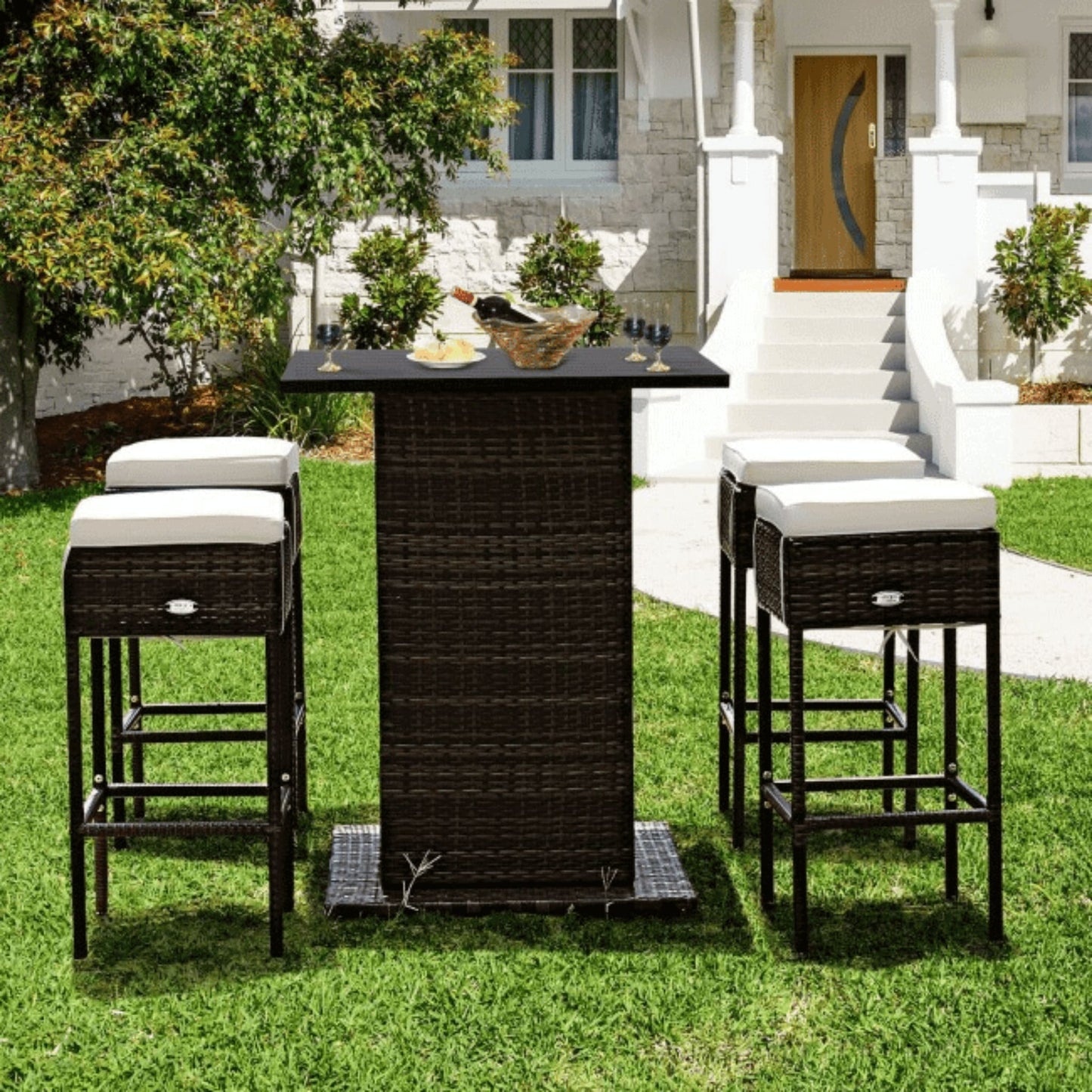 Alora 5-Piece Patio Rattan Bar Table Stool Set With Hidden Storage Shelf & Cushions (SAK14645)