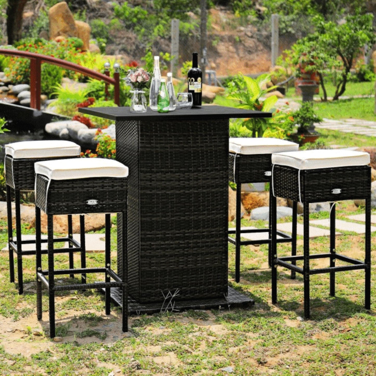 Alora 5-Piece Patio Rattan Bar Table Stool Set With Hidden Storage Shelf & Cushions (SAK14645)