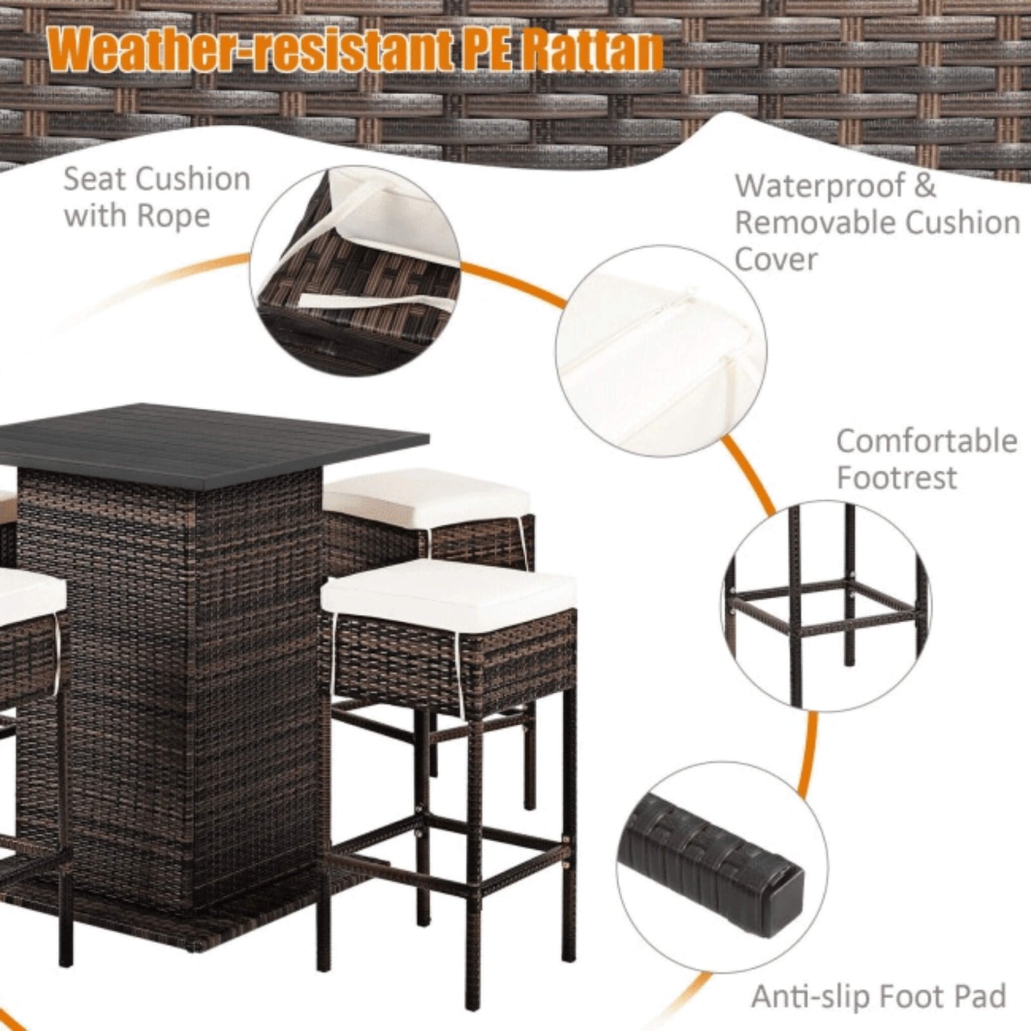 Alora 5-Piece Patio Rattan Bar Table Stool Set With Hidden Storage Shelf & Cushions (SAK14645)