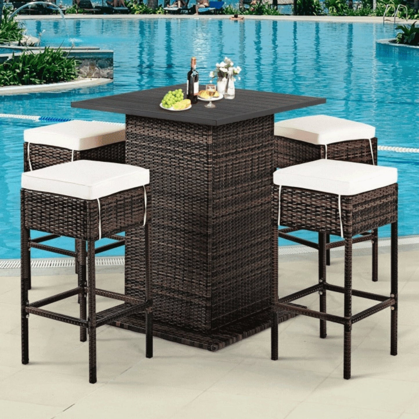 Alora 5-Piece Patio Rattan Bar Table Stool Set With Hidden Storage Shelf & Cushions (SAK14645)