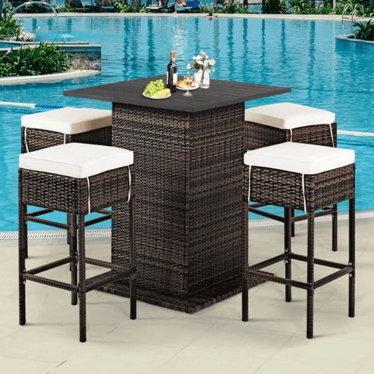 Alora 5-Piece Patio Rattan Bar Table Stool Set With Hidden Storage Shelf & Cushions (SAK14645)
