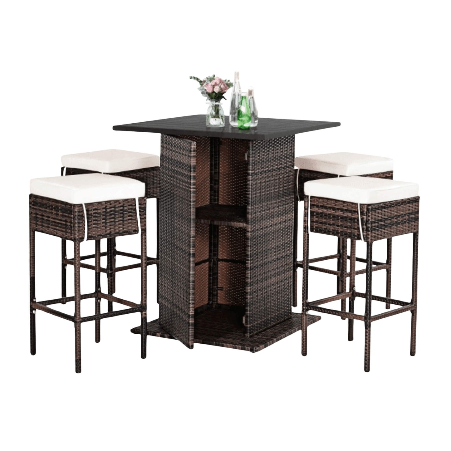 Alora 5-Piece Patio Rattan Bar Table Stool Set With Hidden Storage Shelf & Cushions (SAK14645)