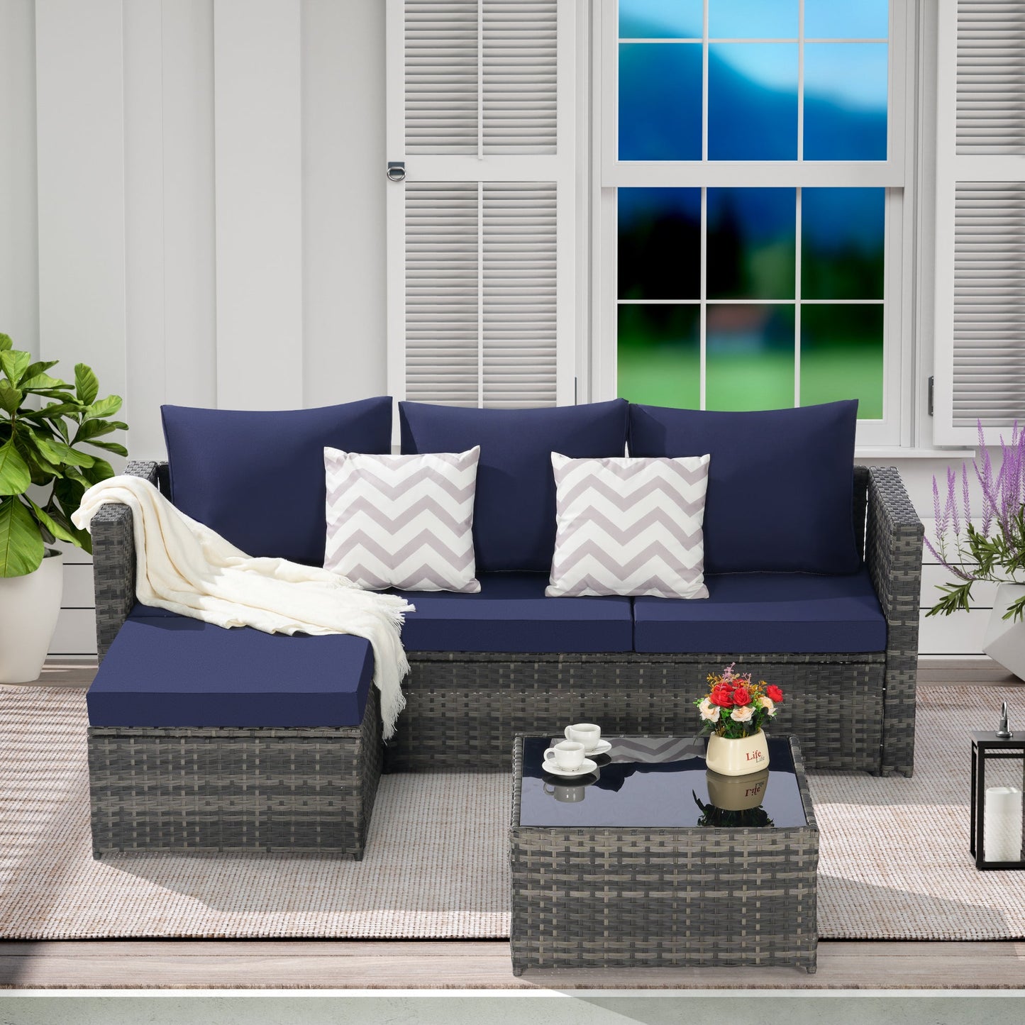 2 Piece Outdoor L-Shaped Wicker Patio Set – Sectional Sofa with
