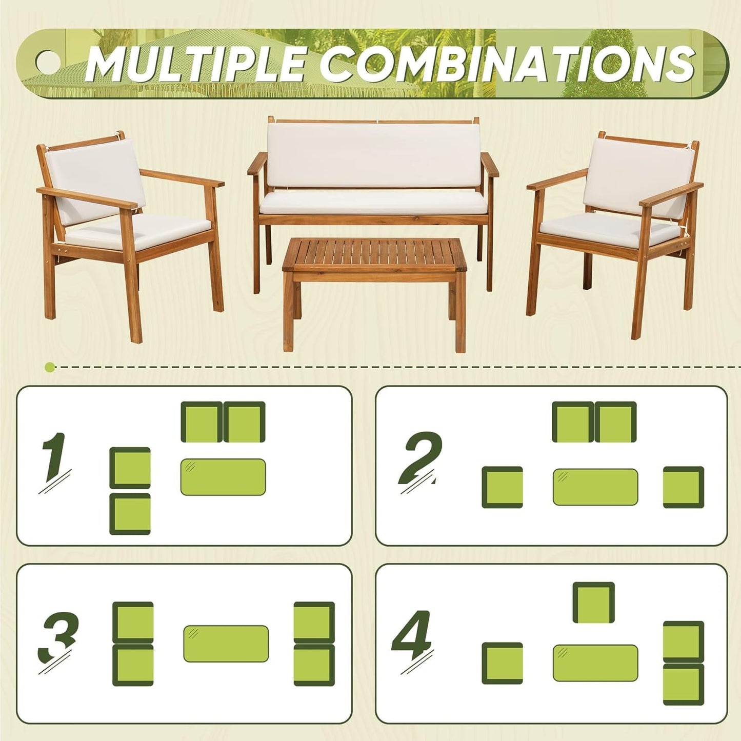 Elegant Acacia Wood 4-Piece Patio Conversation Set with Cushions