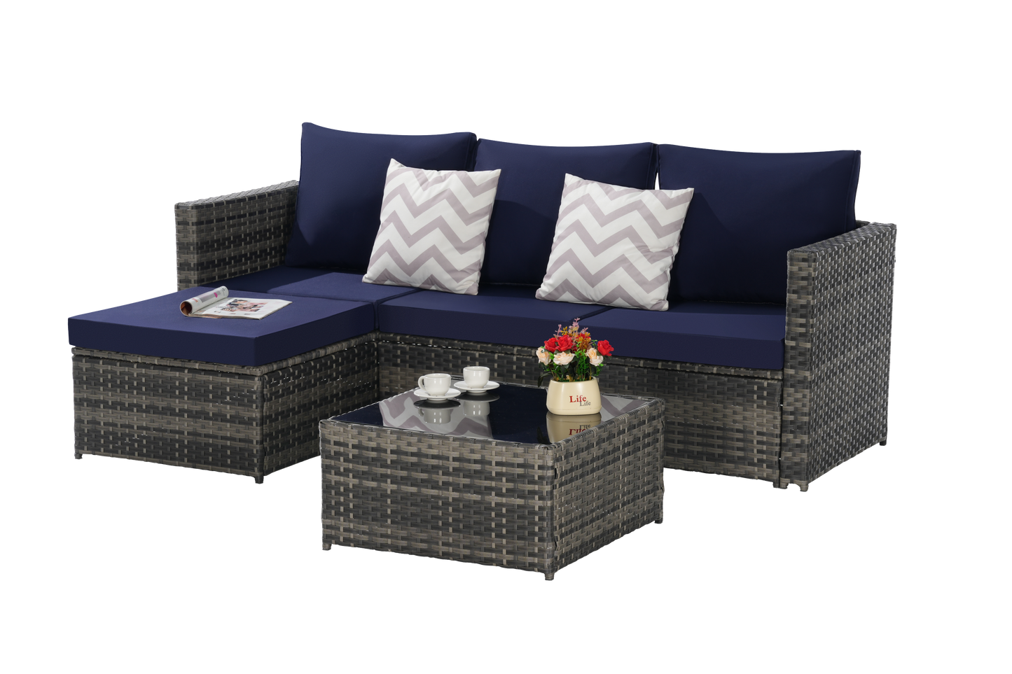 2 Piece Outdoor L-Shaped Wicker Patio Set – Sectional Sofa with