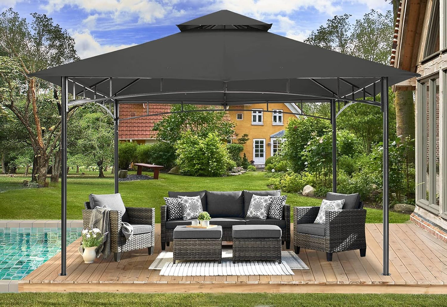 Stylish 11x11 Dark Gray Outdoor Gazebo with Steel Frame