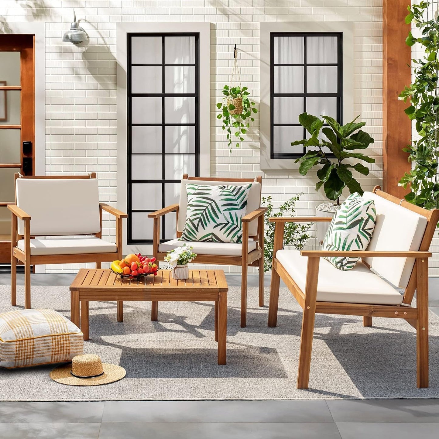 Elegant Acacia Wood 4-Piece Patio Conversation Set with Cushions